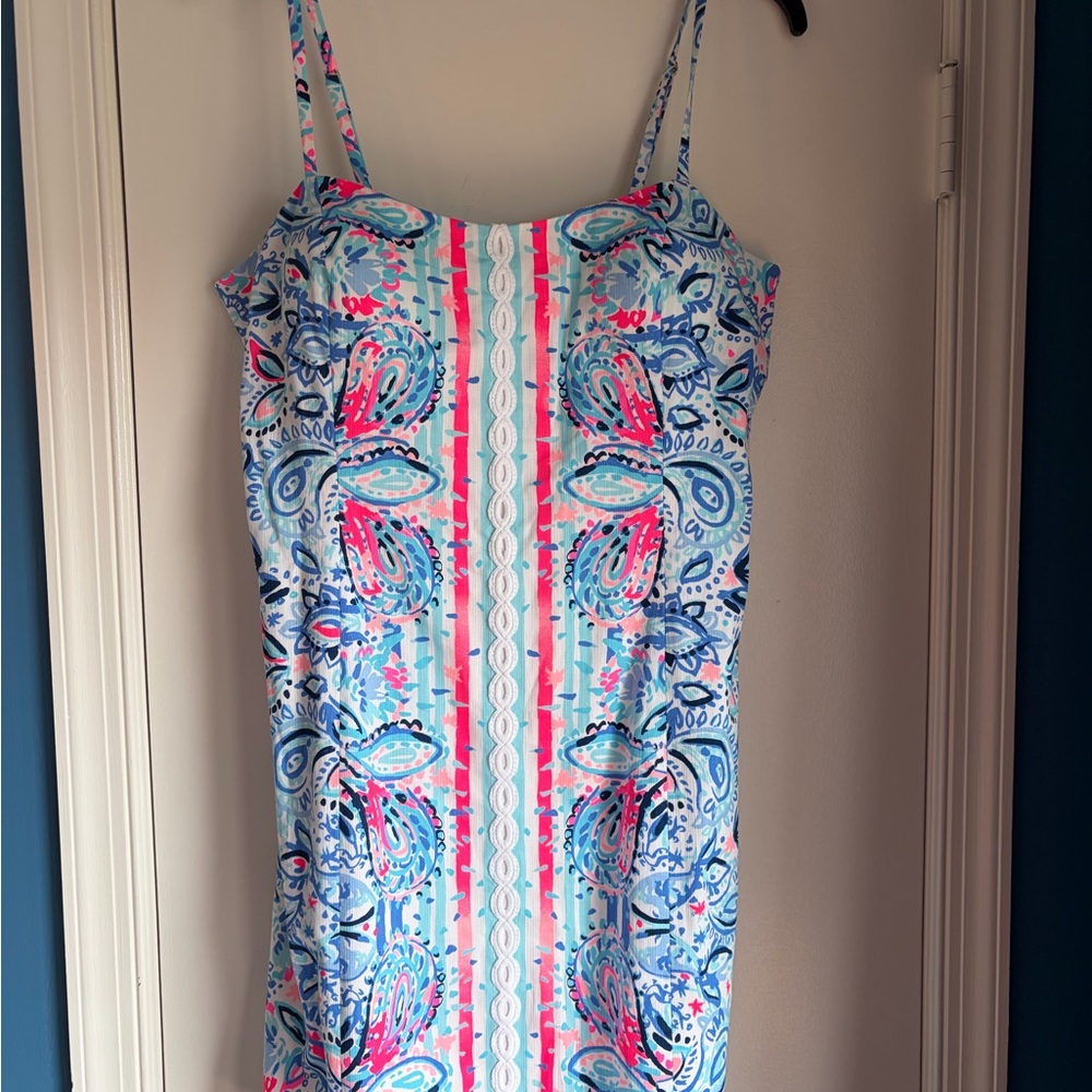 Lilly Pulitzer Shelli Stretch Shift Dress Blue & Pink Paisley Spaghetti-Strap